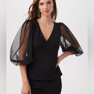NWT TRINA TURK BLACK LILITH TOP Size 2 Elegant Sheer Puff Sleeve